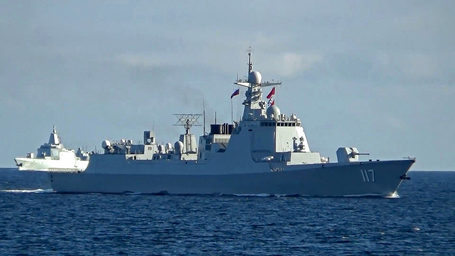 In this photo taken from video released by Russian Defense Ministry press service on Tuesday, Sept. 10, 2024, Russian and Chinese warships sail in the Peter the Great Gulf during Ocean-2024 strategic  ...