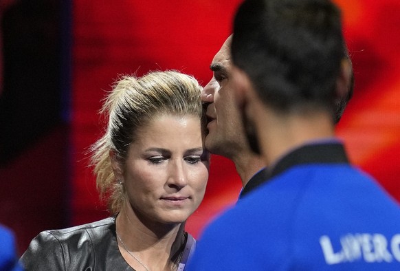 An emotional Roger Federer of Team Europe is embraced by his wife Mirka after playing with Rafael Nadal in a Laver Cup doubles match against Team World&#039;s Jack Sock and Frances Tiafoe at the O2 ar ...