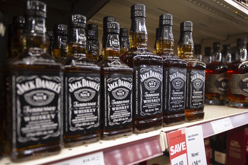 American products are shown at a Newfoundland Labrador Liquor Corporation location in St. John&#039;s, Newfoundland and Labrador, Monday, Feb. 3, 2025. (Paul Daly/The Canadian Press via AP)