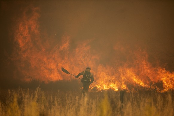 A firefighter works in front of flames during a wildfire in the Sierra de la Culebra in the Zamora Provence on Saturday June 18, 2022. Thousands of hectares of wooded hill land in northwestern Spain h ...
