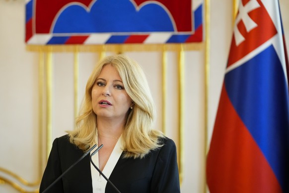 Slovakia&#039;s incumbent President Zuzana Caputova speaks during joint press statements with President elect Peter Pellegrini at the presidential palace in Bratislava, Slovakia, Thursday, May 16, 202 ...