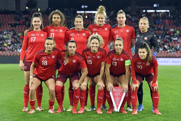 Swiss Svenja Foelmli, Coumba Sow, Ana-Maria Crnogorcevic, Rahel Kiwics, Gaelle Thalmann, (up from left to right ) Riola Xhemaili ,Noelle Maritz, Luana Buehler, Lia Waelti, Ramona Bachmann during the F ...