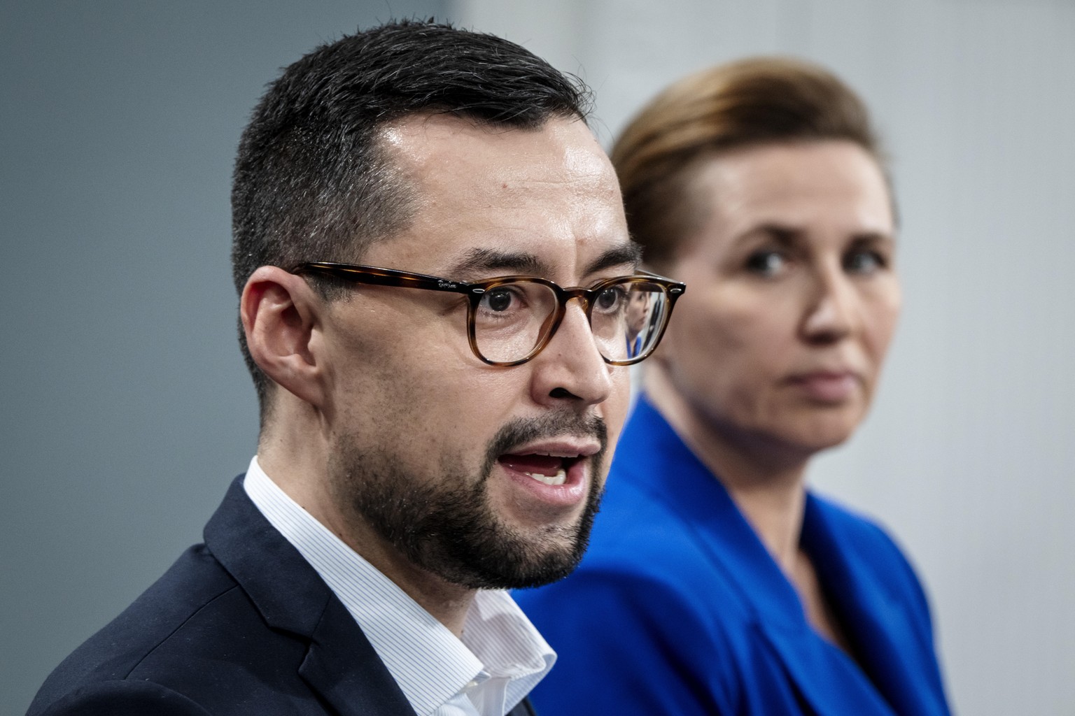 Danish Prime Minister Mette Frederiksen and her Greenland&#039;s counterpart Mute B. Egede, left, meet the media in the Mirror Hall at the Prime Minister&#039;s Office, at Christiansborg in Copenhagen ...