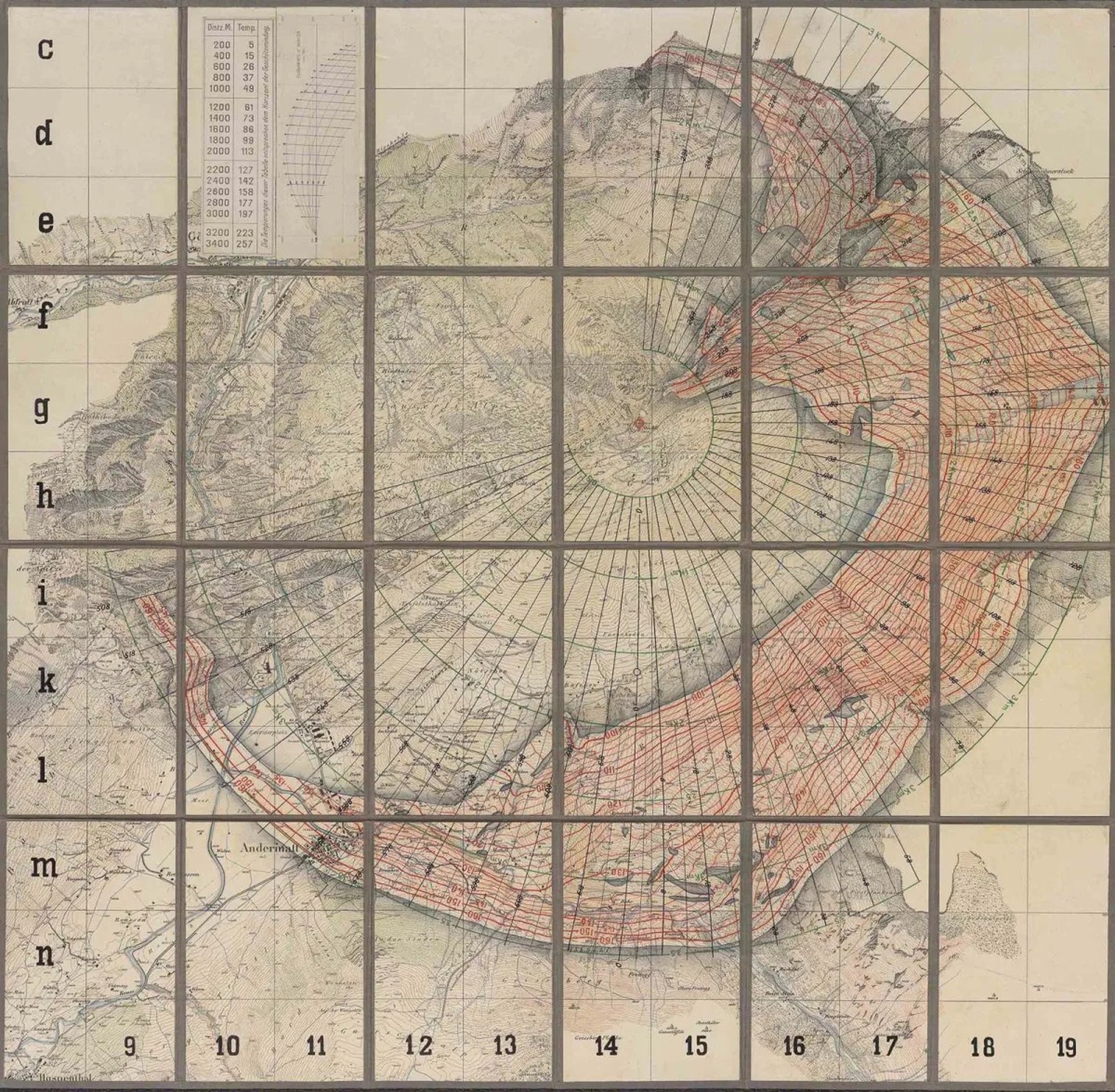 Carte de tir pour un obusier de 12 cm du fort Stöckli dans le secteur du Saint-Gothard, vers 1915. L’emplacement de l’obusier marqué d’une croix rouge se trouve au centre de la représentation, la zone ...