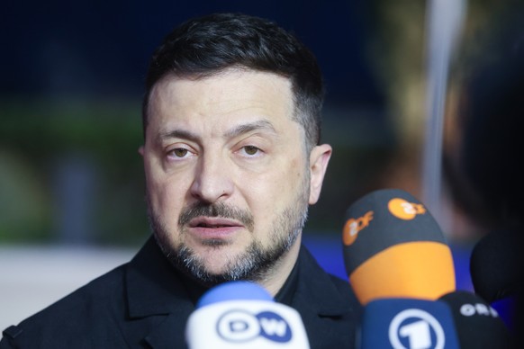 epa12909710 President of Ukraine Volodymyr Zelensky speaks to the media during the informal meeting of EU Heads of State or Government in Agia Napa, Cyprus, 23 April 2026. EU leaders are expected to a ...