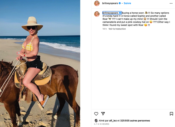De son côté, Britney ne laisse rien paraître sur les réseaux. Dans son dernier post, elle évoque l'idée d'acheter un cheval.