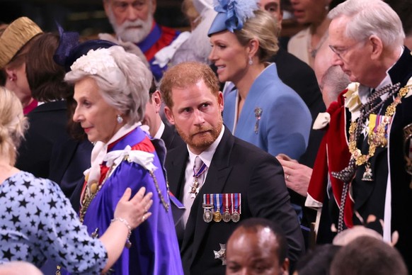 LONDON, ENGLAND - MAY 06: Prince Harry, Duke of Sussex attends the Coronation of King Charles III and Queen Camilla at Westminster Abbey on May 6, 2023 in London, England. The Coronation of Charles II ...
