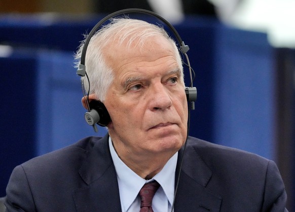 epa10988992 European Union High Representative for Foreign Affairs and Security Policy, Josep Borrell looks on before a Council and Commission statement at the European Parliament in Strasbourg, Franc ...