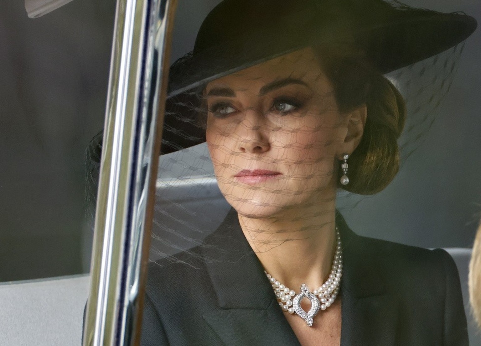 Kate Middleton, princesse de Galles, en route pour les funérailles d&#039;État de la reine Elizabeth II à Londres, Grande-Bretagne, le 19 septembre 2022.