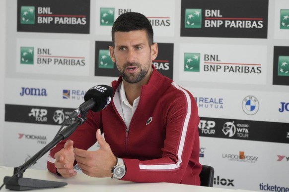 Serbia&#039;s Novak Djokovic talks to journalists during a press conference at the Italian Open tennis tournament in Rome, Wednesday, May 8, 2024.(AP Photo/Gregorio Borgia)