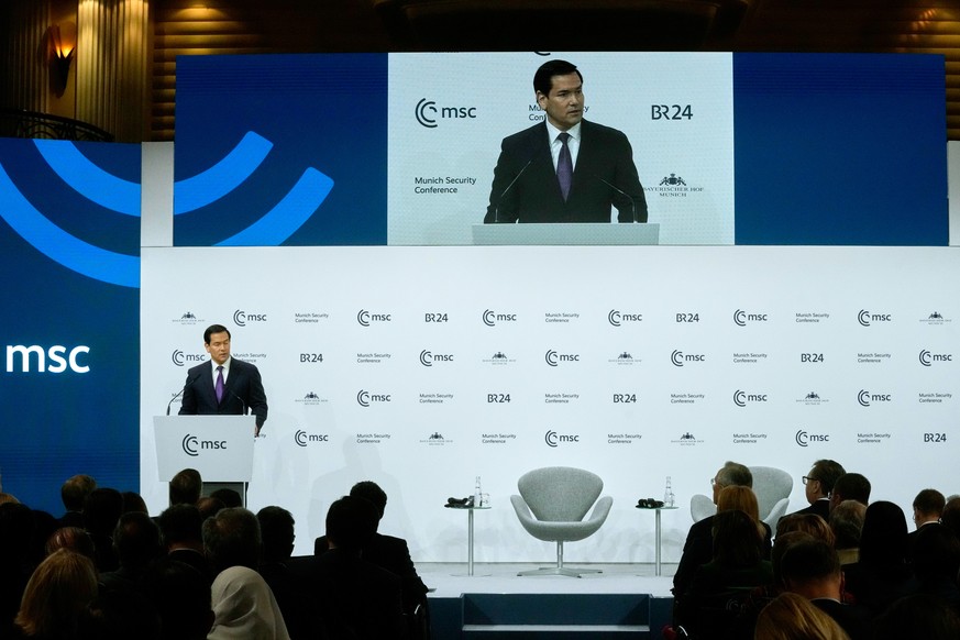 United States Secretary of State Marco Rubio speaks during the Munich Security Conference in Munich, Germany, Saturday, Feb. 14, 2026. (AP Photo/Michael Probst)
Marco Rubio