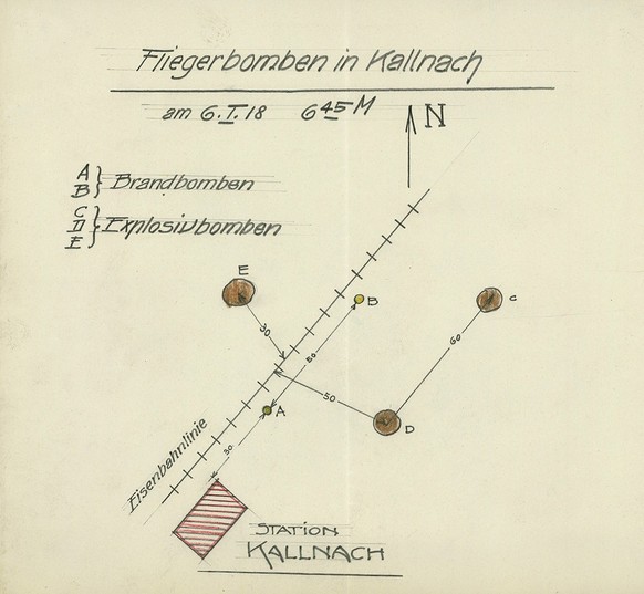 Plan du bombardement de Kallnach. Les bombes se sont abattues juste à l’est de la gare. Les «bombes explosives» visent à faire éclater des pans de bâtiments pour augmenter l’efficacité des bombes ince ...