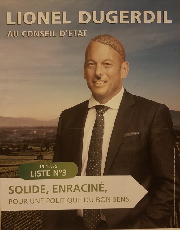 Une parodie d'affiche de Lionel Dugerdil à l'arrêt Servette du tram 14 à Genève, publiée sur son compte Facebook par le troisième candidat, Philippe Oberson.