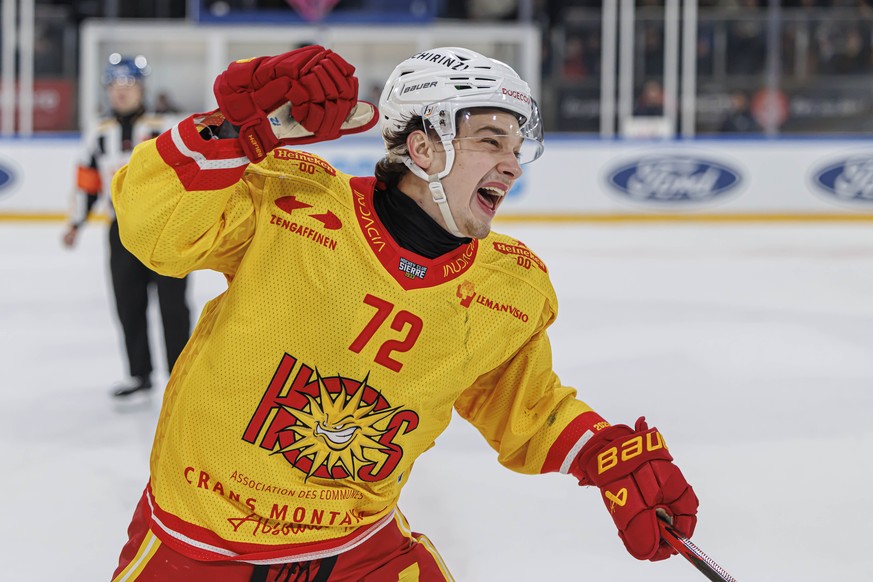 Noah Berthoud (HCS) celebre apres avoir marque lors de la finale de National Cup Men 2025/2026 de hockey sur glace entre le HC La Chaux-de-Fonds, HCC, et le HC Sierre, HCS, ce dimanche, 1 fevrier 2026 ...