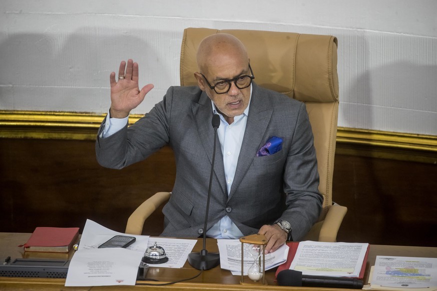 epa11256317 President of the National Assembly, Jorge Rodriguez, participates in a session of the chamber of sessions of the Federal Legislative palace in Caracas, Venezuela, 02 April 2024. The Govern ...