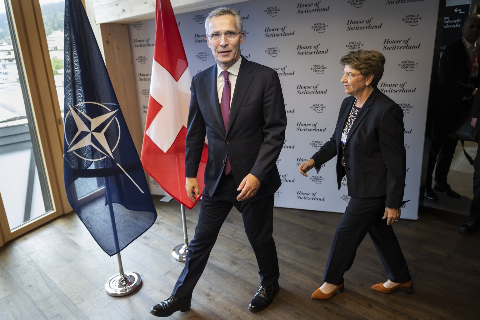 epa09971420 Jens Stoltenberg (L), Secretary-General, North Atlantic Treaty Organization, meets with Swiss Federal Councillor and defense minister Viola Amherd, for bilateral talks in the House of Swit ...