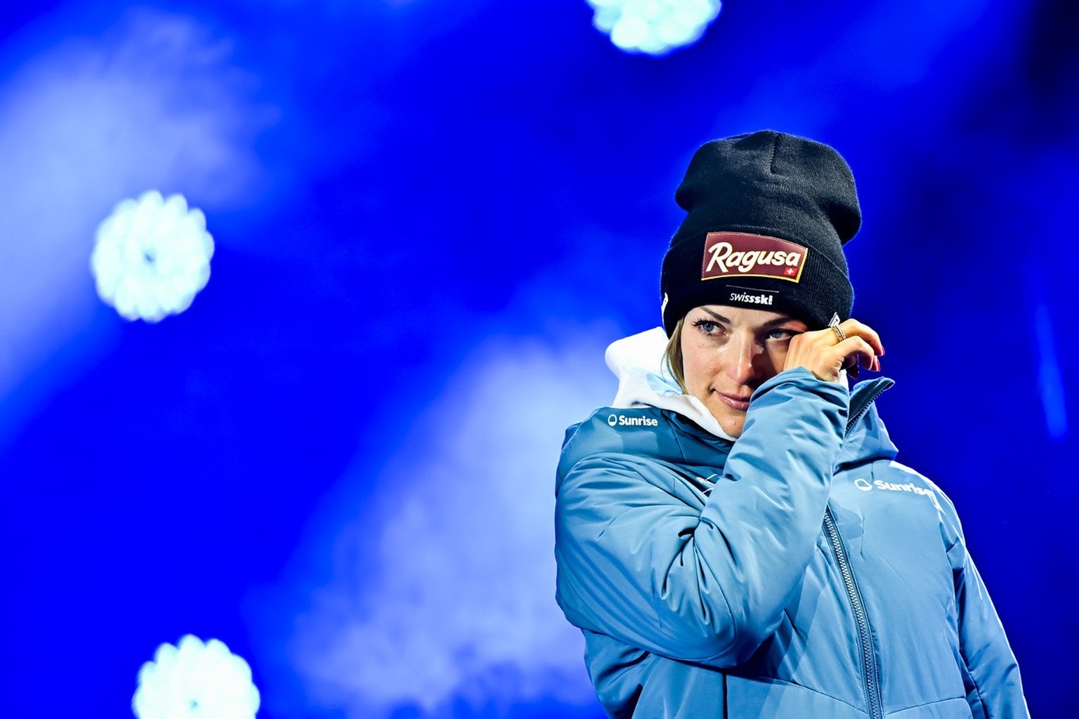 Lara Gut-Behrami of Switzerland reacts during the medals ceremony of the women&#039;s giant slalom race at the 2023 FIS Alpine Skiing World Championships in Courchevel/Meribel, France, Thursday, Febru ...