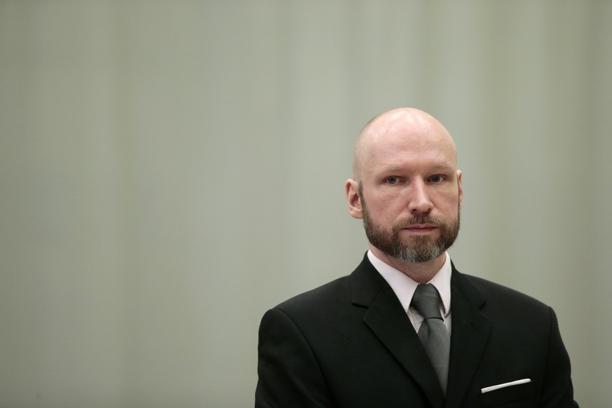 FILE - Convicted mass murderer Anders Behring Breivik looks on during the last day of his appeal case in Borgarting Court of Appeal at Telemark prison in Skien, Norway on Jan. 18, 2017. A decade after ...