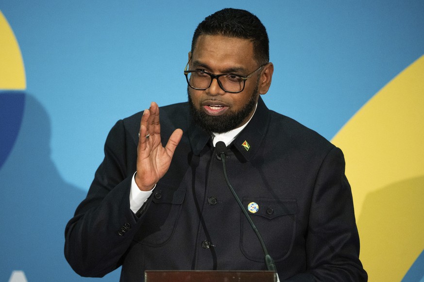 President of Guyana Irfaan Ali delivers remarks at a reception during the Canada-CARICOM Summit in Ottawa, Ontario, on Wednesday, Oct. 18, 2023. (Spencer Colby/The Canadian Press via AP)