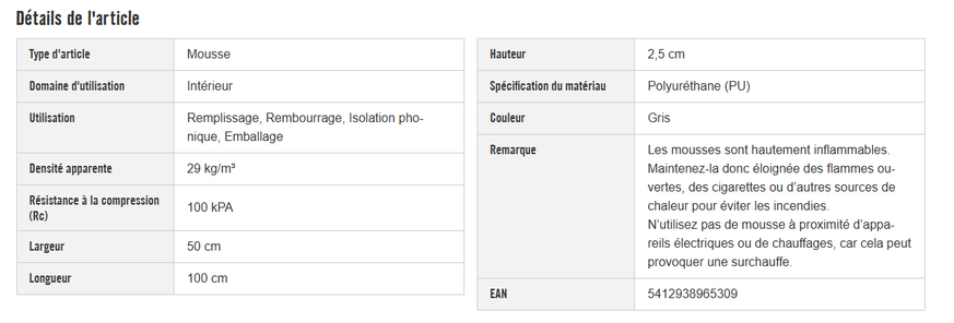 Description Mousse acoustique Hornbach