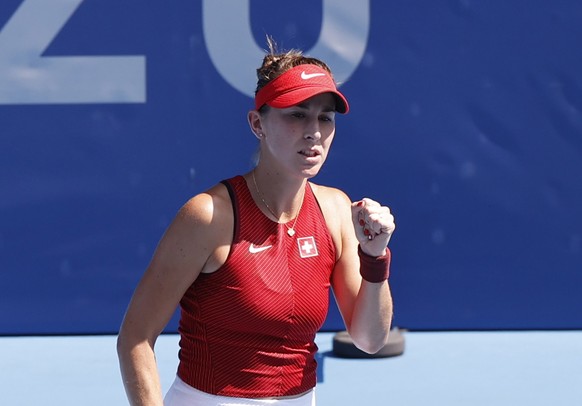 epa09372707 Belinda Bencic of Switzerland reacts during the Women&#039;s Singles quarterfinals at the Tennis events of the Tokyo 2020 Olympic Games a?t the Ariake Coliseum in Tokyo, Japan, 28 July 202 ...