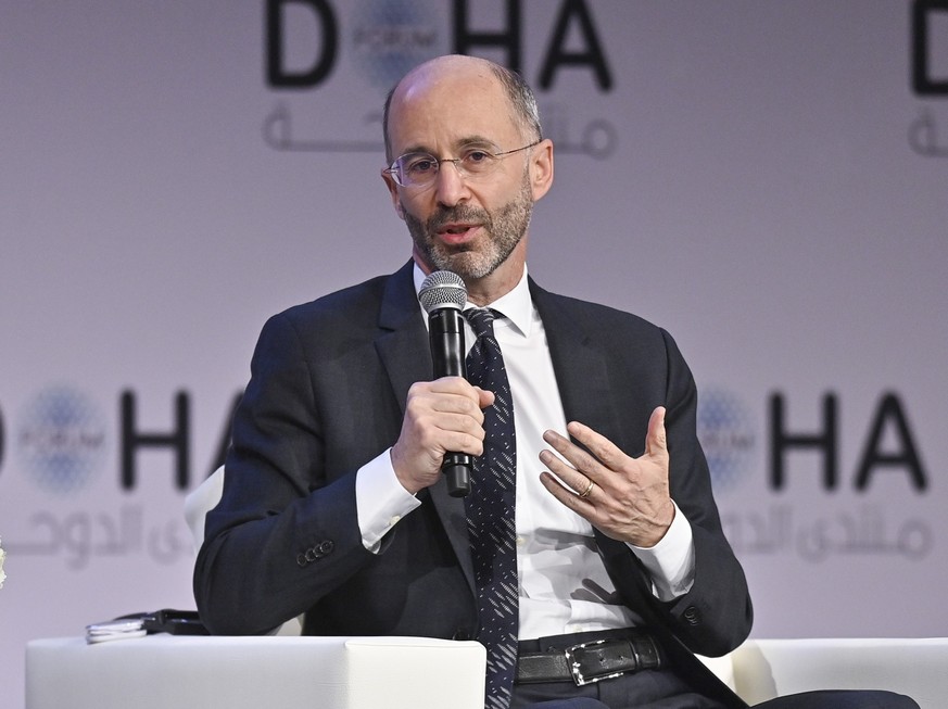 epa09852385 Robert Malley, United States Special Envoy for Iran speaks during the Plenary Session of the final day of Doha Forum at Sheraton Grand Doha Resort &amp; Convention Hotel in Doha, Qatar, 27 ...