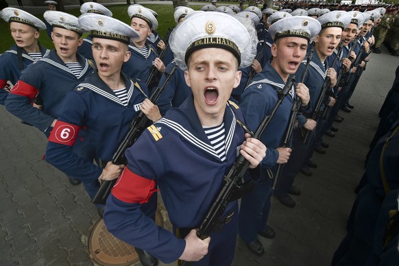 Russian navy sailors cadets answer the greeting attending a rehearsal for the Victory Day military parade in Sevastopol, Crimea, Thursday, May 5, 2022. The parade will take place in Sevastopol on May  ...