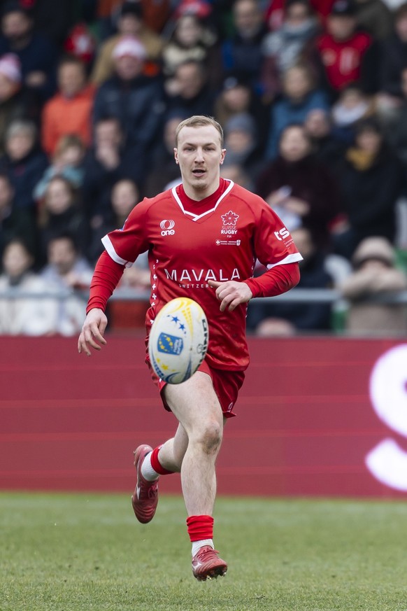 Switzerland's Jules Porcher in action during the Rugby Europe Championship 2026 Groupe A match between Switzerland and Georgia, in Municipal Stadium of Yverdon-les-Bains, Switzerland, Sunday, Feb ...
