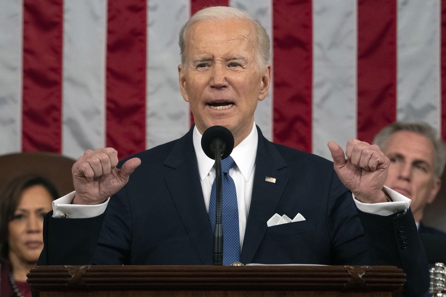 President Joe Biden delivers the State of the Union address to a joint session of Congress at the U.S. Capitol, Tuesday, Feb. 7, 2023, in Washington, as Vice President Kamala Harris and House Speaker  ...