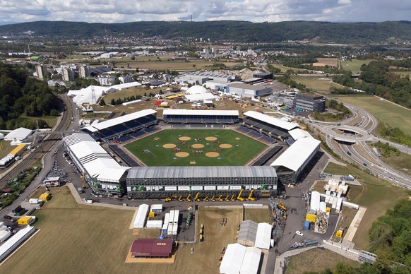 Die Schwingarena des Eidgenoessischen Schwing- und Aelplerfestes, ESAF, am Samstag, 20. August 2022, in Pratteln. Das ESAF findet vom 26. bis 28. August 2022 in Pratteln statt. (KEYSTONE/Anthony Anex)