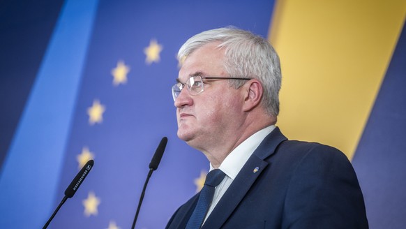 epa12862680 A handout photo made available by the press service of the Ministry of Foreign Affairs of Ukraine shows Ukrainian Foreign Minister Andrii Sybiha attending a press conference with EU High R ...
