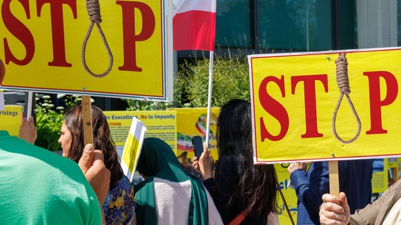 Iranian refugees rally against executions in Iran, in front of the building of the Commissariat for Refugees in Brussels, Belgium, 01 June 2023. According to the UN, since the beginning of 2023, at le ...