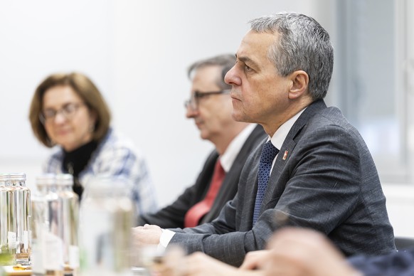 epa12750525 Switzerland's Foreign Minister Federal councillor Ignazio Cassis (R), speaks during a bilateral meeting between Switzerland and Iran, in Geneva, Switzerland, 17 February 2026. The Uni ...