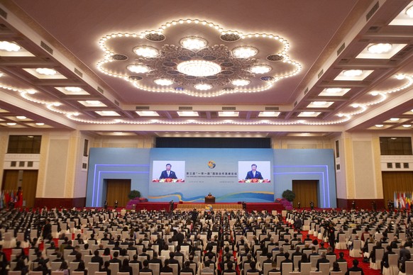 epa10924984 Chinese President Xi Jinping speaks during the opening ceremony of the Third Belt and Road Forum for International Cooperation at the Great Hall of the People in Beijing, China, 18 October ...