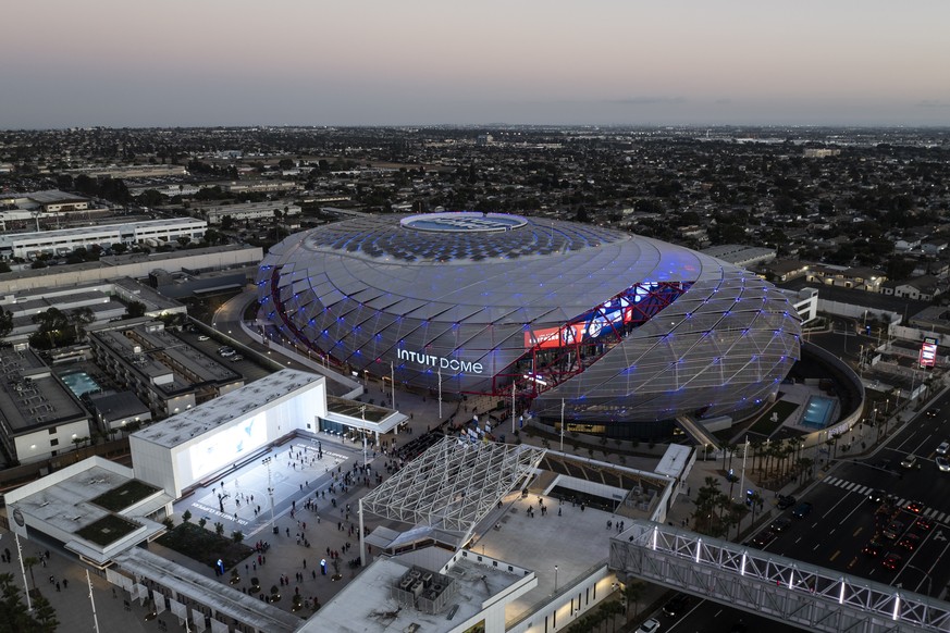 An aerial view shows the Intuit Dome, the new home of the Los Angeles Clippers, Monday, Oct. 14, 2024, in Inglewood, Calif.(AP Photo/Jae C. Hong)