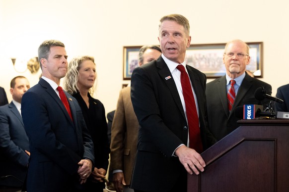 Rep. Rob Wittman speaks during a press conference held by the Republican House Caucus and featuring the Virginia Republican Congressional delegation at the Virginia Capitol on Monday, Oct. 27, 2025, i ...