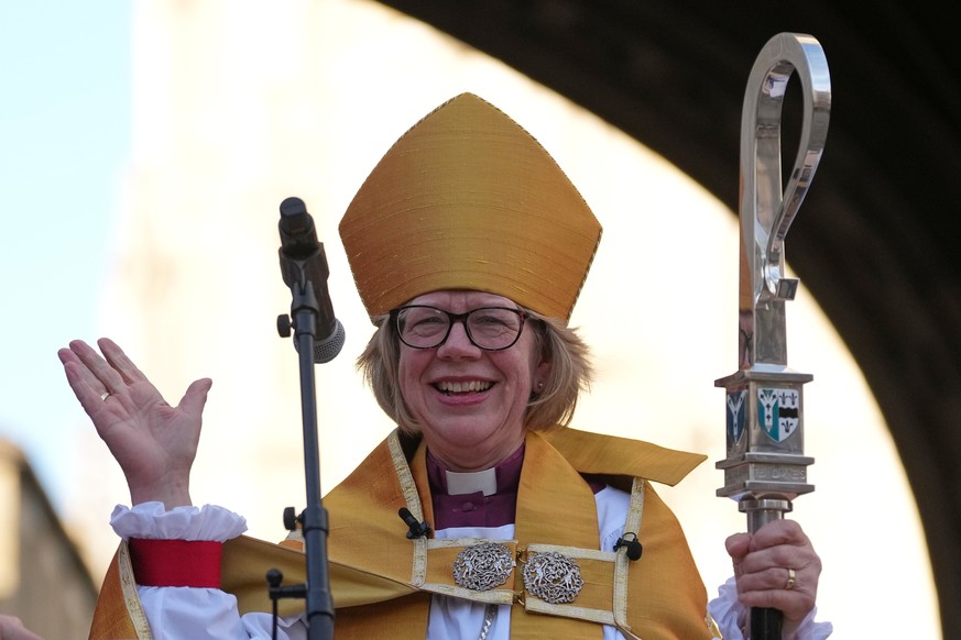 FILE - Sarah Mullally speaks to the public after the Enthronement Ceremony installing her as archbishop of Canterbury in Canterbury, England, Wednesday, March 25, 2026, the first woman ever to lead th ...