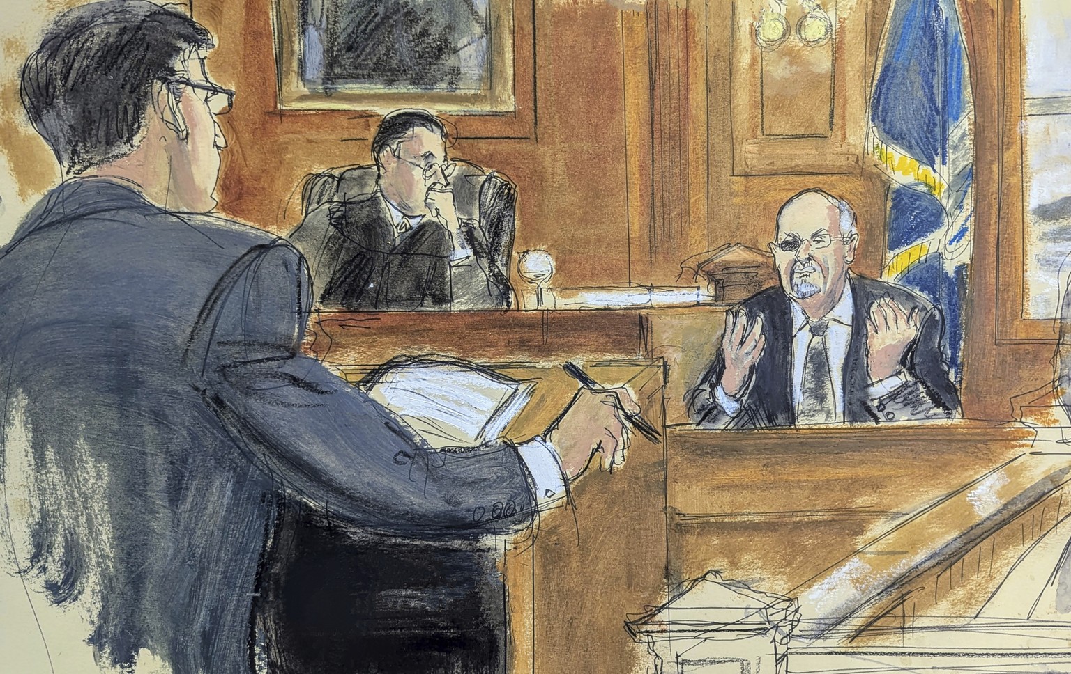 In this courtroom sketch, District Attorney Jason Schmidt, left, questions Salman Rushdie, right, on the witness stand, as Judge David Foley presides during the trial of Hadi Matar, in Chautauqua Coun ...