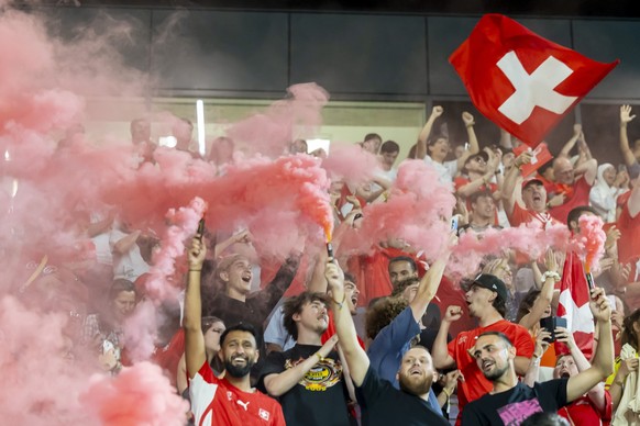 epaselect epa13096802 Swiss supporters celebrate the Swiss team's qualifying for the quarter final during a public viewing of the FIFA 2026 World Cup round of 16 soccer match between Switzerland  ...