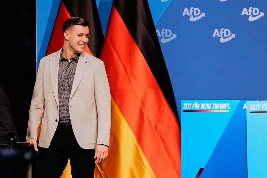 Jean-Pascal Hohm is seen after he was elected AfD youth leader during the re-founding of the AfD youth organization in Giessen, Germany, early Saturday, Nov. 29, 2025. (AP Photo/Martin Meissner)
Germa ...
