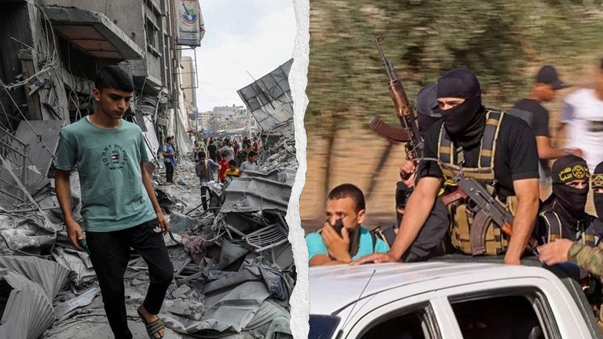 Les ruines de Gaza, à gauche. Des hommes du Hamas, le jour du massacre du 7 octobre.