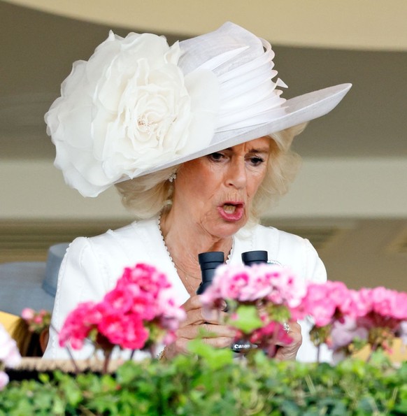 ASCOT, UNITED KINGDOM - JUNE 20: (EMBARGOED FOR PUBLICATION IN UK NEWSPAPERS UNTIL 24 HOURS AFTER CREATE DATE AND TIME) King Charles III and Queen Camilla watch, from the Royal Box, their horse &#039; ...