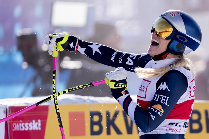 Lindsey Vonn of the United States reacts in finish area, during the women&#039;s Downhill race at the Alpine Skiing FIS Ski World Cup, in St. Moritz, Switzerland, Friday, December 12, 2025. (KEYSTONE/ ...
