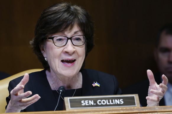 FILE - Sen. Susan Collins, R-Maine, speaks during hearing on the fiscal year 2023 budget for the FBI in Washington, May 25, 2022. A bipartisan group of senators, including Collins, released proposed c ...