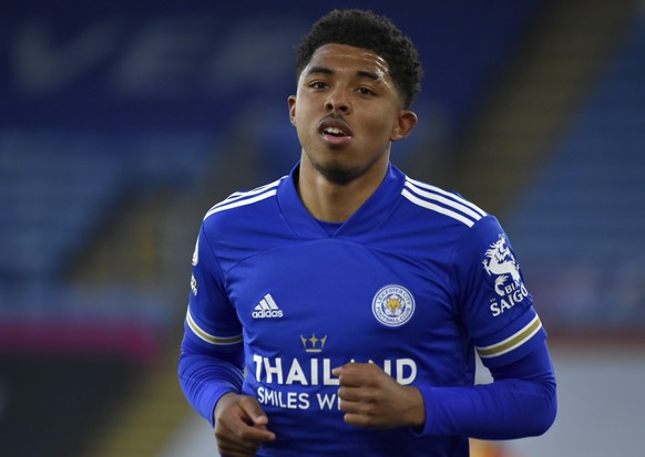 Leicester's Wesley Fofana runs during the English Premier League soccer match between Leicester City and West Bromwich Albion at the King Power Stadium in Leicester, England, Thursday, April 22, ...