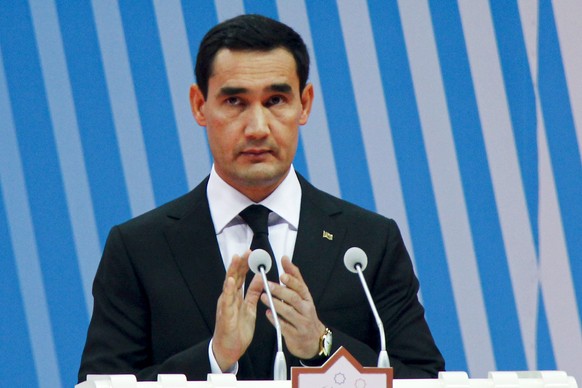 Serdar Berdymukhamedov, 40-year old son of Turkmenistan President Gurbanguly Berdimuhamedov, attends a meeting in Ashgabat, Turkmenistan, in Aug. 21, 2021. People of Turkmenistan cast ballots Saturday ...