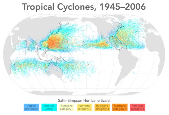 Nombre et catégories des cyclones tropicaux (1945-2006). Wikimedia, CC BY-SA