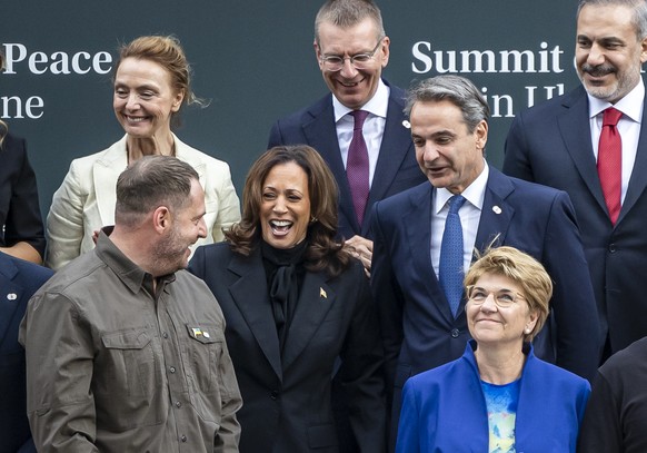 Ukraine Head of the presidential Office Andriy Yermak, Vice President Kamala Harris of United States, Swiss Federal President Viola Amherd, Ukrainian President Volodymyr Zelenskyy, Ursula von der Leye ...