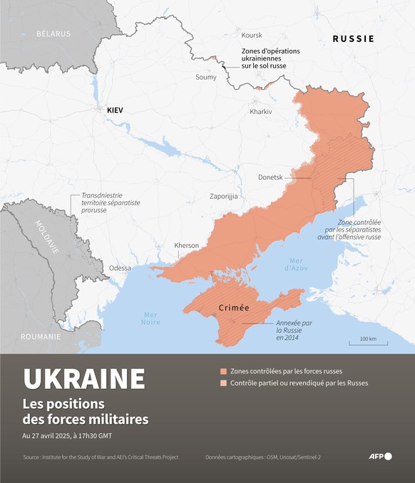 Carte des zones contrôlées par les forces russes en Ukraine et zones d&#039;opérations ukrainiennes sur le sol russe, au 27 avril 2025.