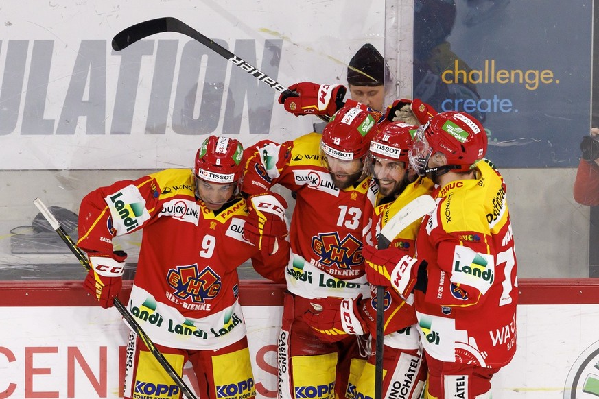 Biel&#039;s forward Luca Hischier #13 celebrates his goal with teammates after scoring the 2:1, during the sixth leg of the National League Swiss Championship final playoff game between EHC Biel-Bienn ...